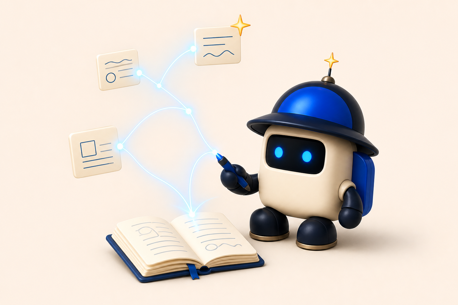 The NoteRanger drawing a glowing trail between an open notebook and floating note cards